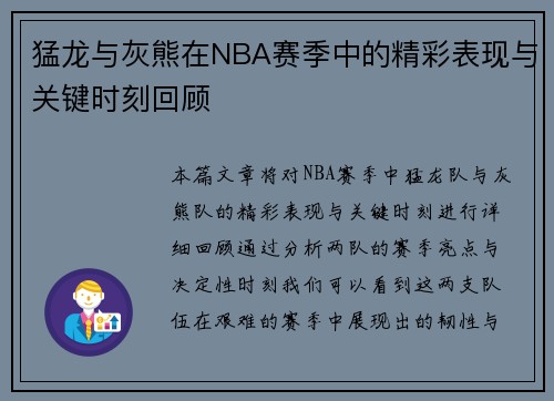 猛龙与灰熊在NBA赛季中的精彩表现与关键时刻回顾