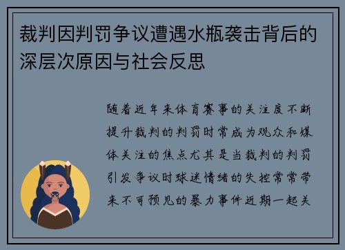 裁判因判罚争议遭遇水瓶袭击背后的深层次原因与社会反思